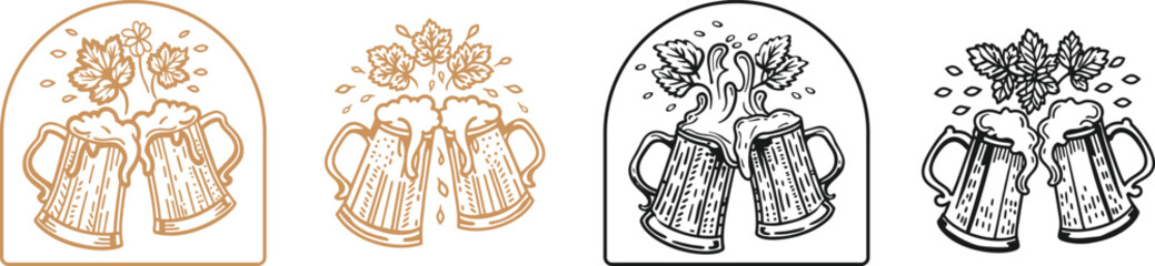 set of  Two toasting beer mugs cheers vector, engraving sketch ink poster black illustration etching style tattoo, logo Beer, Cheers, Mugs, Mug, Toasting, Toast, Cheer, Oktoberfest, Two