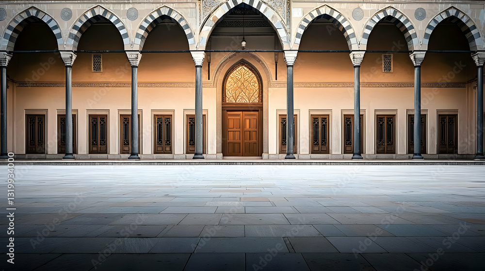 Poster elegant architectural structure featuring arched passageways columns and ornate doorway illuminated 