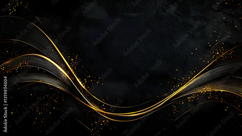 Poster golden particles flowing in a smooth wave pattern against a black textured background with glitter a