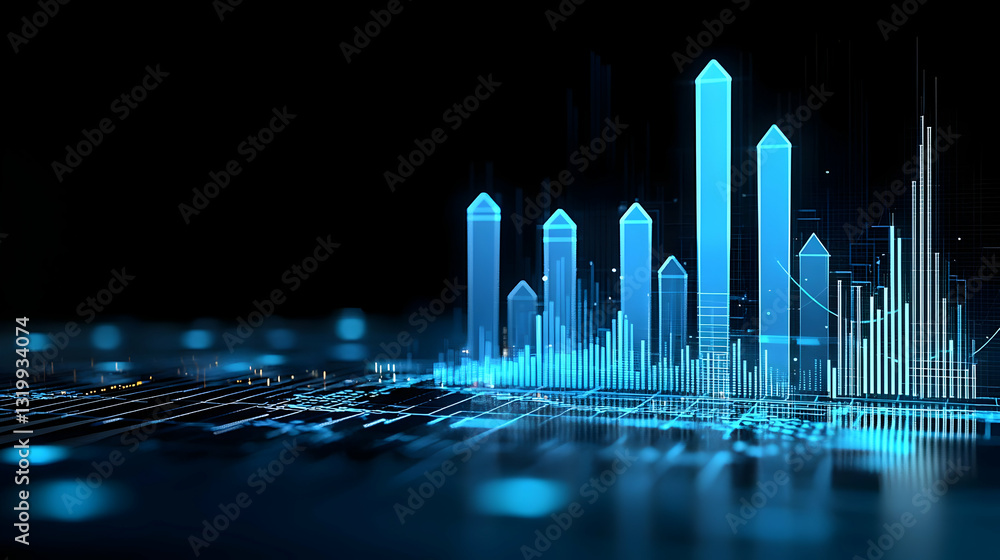 Poster abstract digital cityscape in blue with glowing lines and data visualization against black backgroun