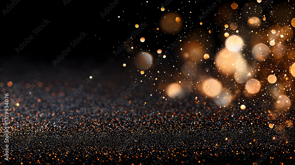 Poster dark background with glittering gold bokeh light particles sparkles and dust creating a luxurious an