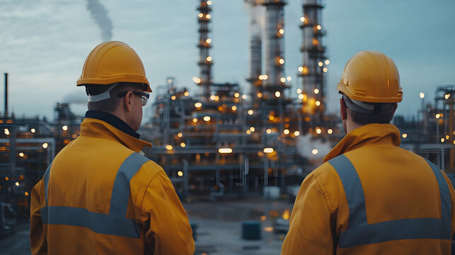 Engineers in Yellow Hardhats Inspecting a Large Industrial Oil Refinery Plant at Dusk Under an Overcast Sky