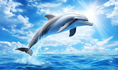Dolphin's joyful leap into a radiant sky, symbol of freedom in nature
