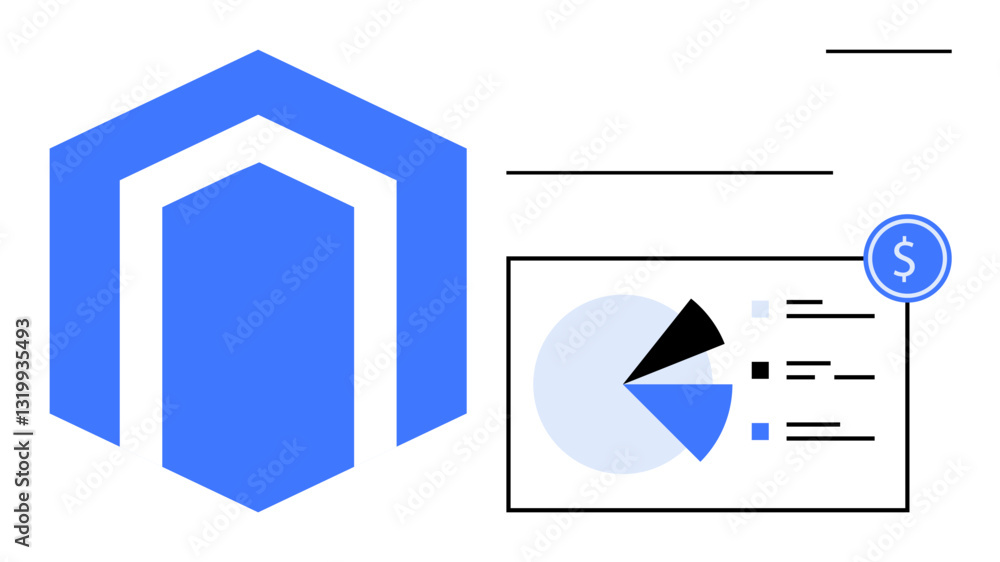 Aufkleber blue hexagon emblem next to data chart with pie and bar elements, dollar currency circle. ideal for 