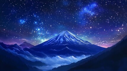 Fototapeta premium A serene mountain landscape under a starry night sky, evoking tranquility and wonder.