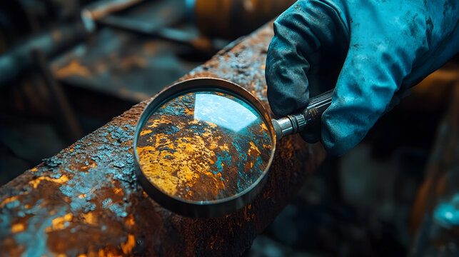 Gloved Hand Holding Magnifying Glass Examining Corroded Metal Object with Rusty Surface Under Focused Light for Detailed Analysis