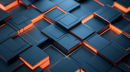 Abstract Digital Cube Structure with Glowing Orange Lines on Blue Background