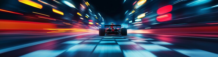 Formula 1 motorsport race car driver at high speed performance motion blur speed racing track with finish checker flag in vibrant red colors. Generative AI
