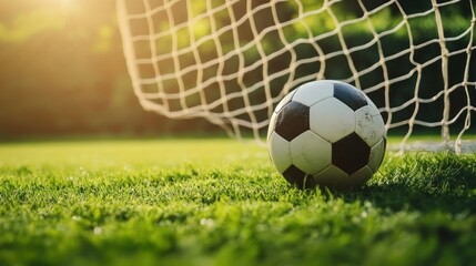 Fototapeta premium Soccer ball resting near goal on sunny field
