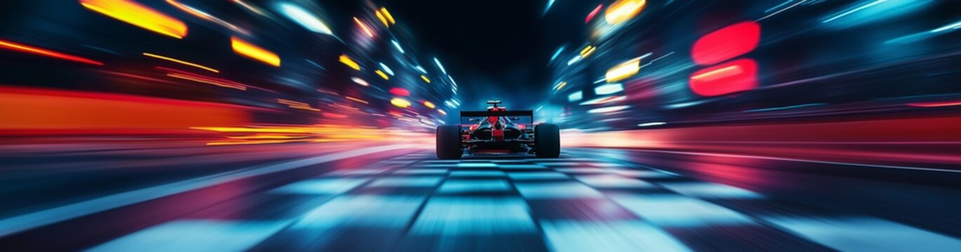 Formula 1 motorsport race car driver at high speed performance motion blur speed racing track with finish checker flag in vibrant red colors. Generative AI
