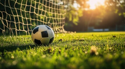 Obraz premium Soccer ball at goal on a sunny field