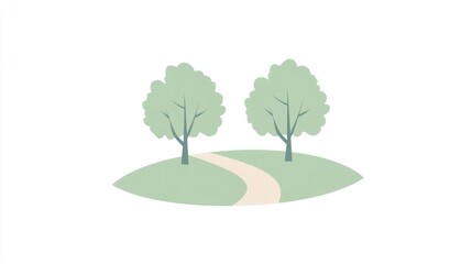 Obraz premium Serene Pathway Between Two Trees on a Gentle Hillside Minimalist Nature Illustration for Relax