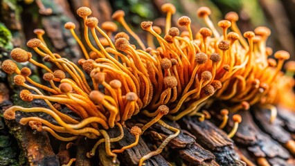 A close-up image of Ophiocordyceps sinensis fungi growing on a tree, with intricate details of its unique morphology and spores , mycology, ophiocordyceps