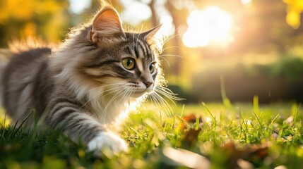 Autumnal cat stalking in sunlit park