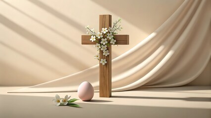 a wooden cross decorated with delicate flowers and an easter egg, set against a soft backdrop 