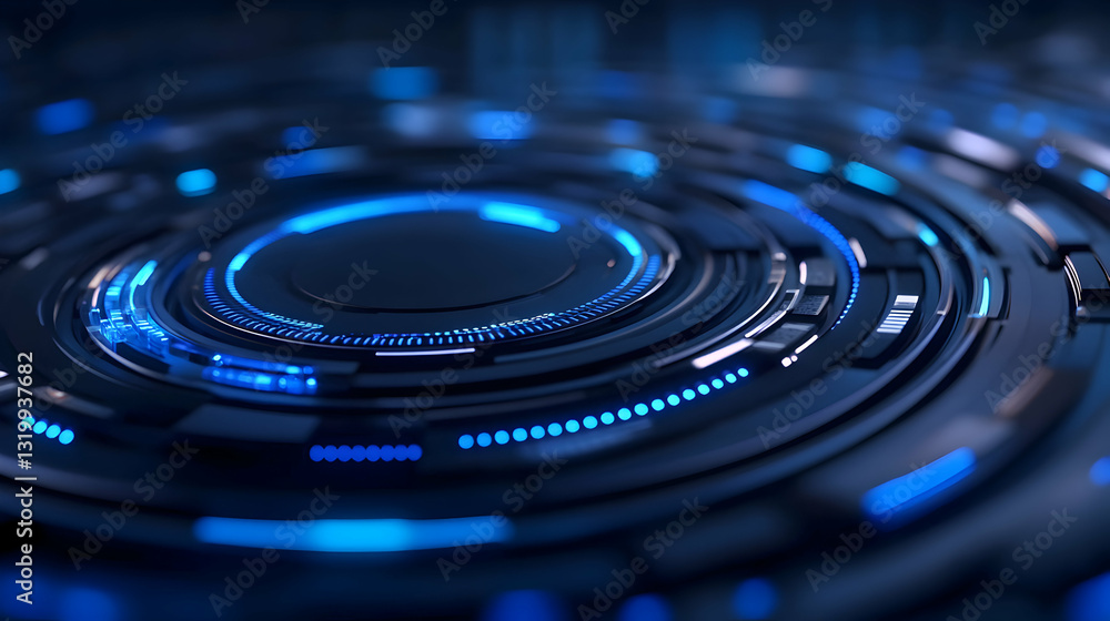 Poster a close-up of futuristic digital interface with glowing blue lights and circular patterns, represent