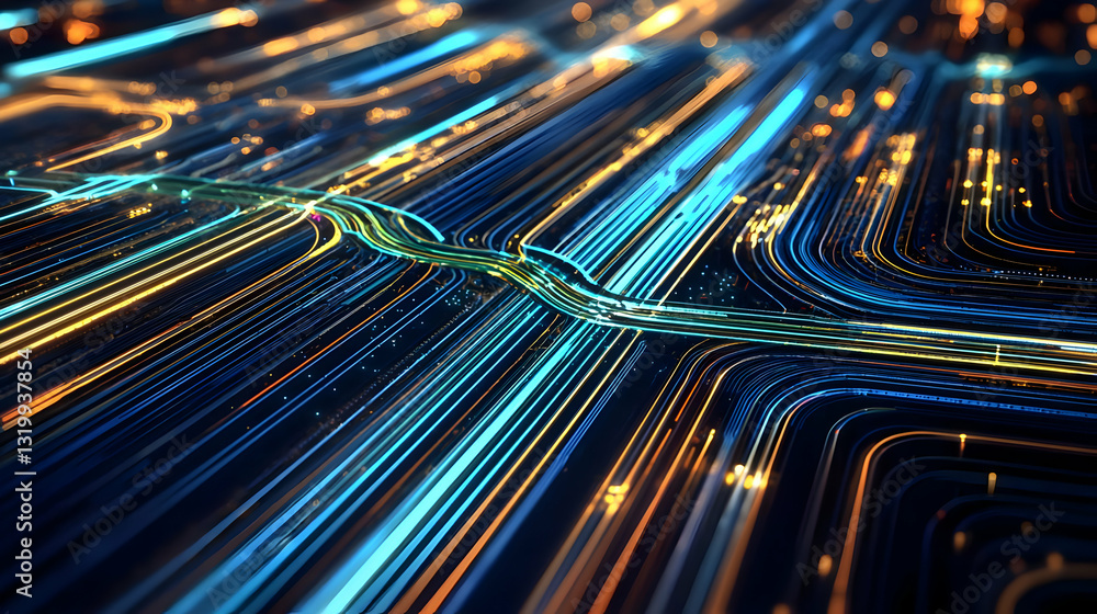 Poster abstract futuristic digital data flow with glowing blue and orange lines on dark background technolo