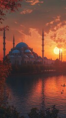 Fototapeta premium A serene sunset view of a grand mosque by the water, reflecting vibrant colors in the sky.