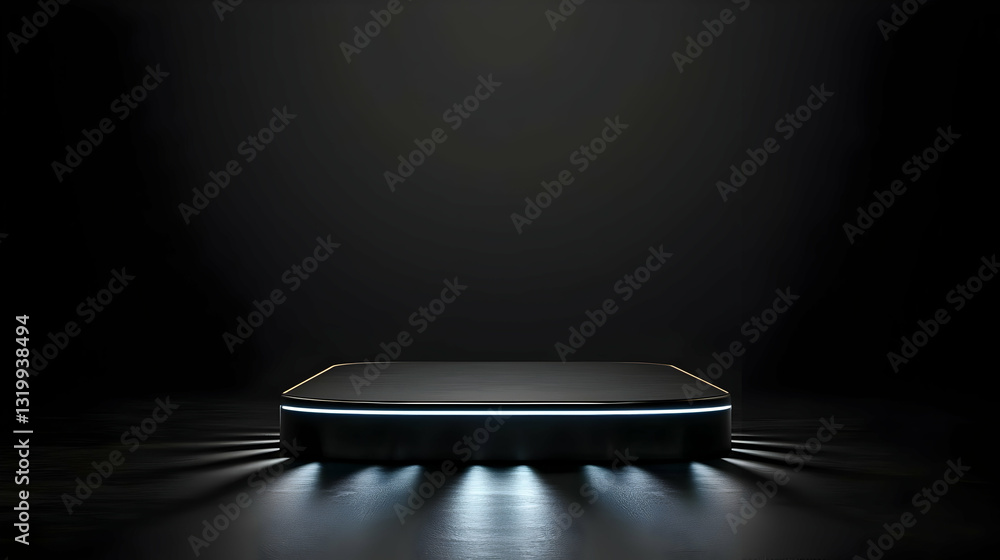 Poster illuminated metallic stage with square platform and subtle light show on dark background
