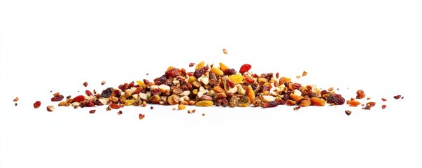 Colorful mix of dried fruits and nuts scattered on white background