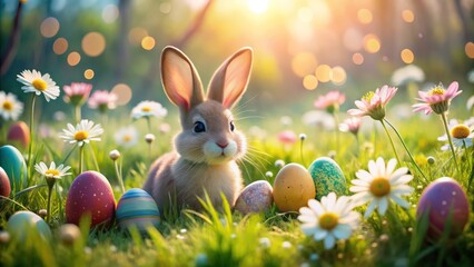 an adorable bunny surrounded by colorful easter eggs in a field with daisy flowers under sunlight. It's a charming scene of spring.