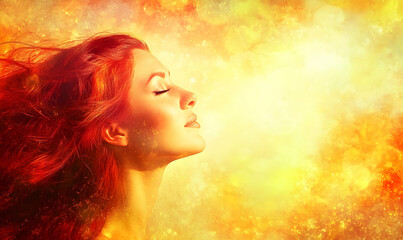 Dreamy woman in a sunlit fantasy realm bathed in warm radiant light