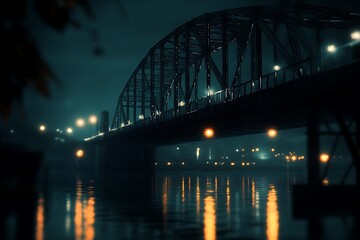Obraz premium A nighttime view of a bridge illuminated by lights, reflecting on calm water.