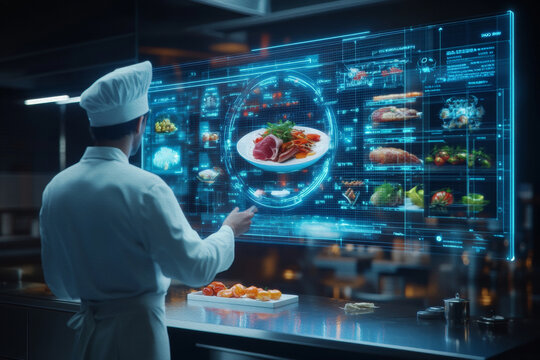 Culinary Visionary: A chef, immersed in a futuristic kitchen, interacts with a holographic display showcasing a gourmet dish, blending technology and gastronomy