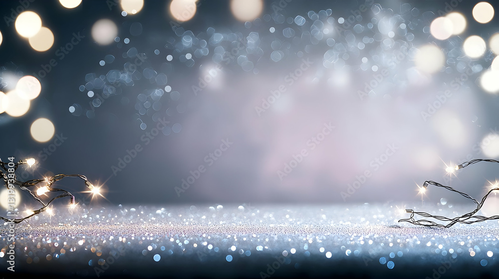 Poster silver glitter background with sparkling christmas lights and defocused bokeh effect in elegant fest
