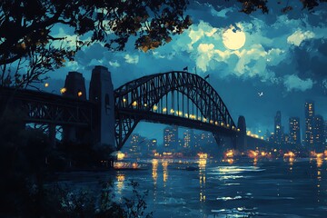 Obraz premium A nighttime view of a bridge illuminated by city lights under a full moon.