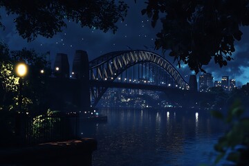 Obraz premium A serene night view of a bridge illuminated against a city skyline by the water.