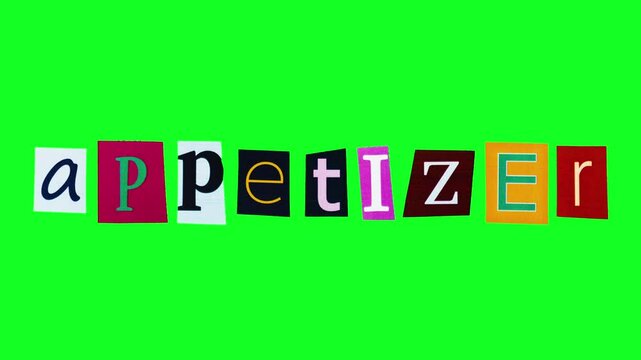 The word appetizer compiled of funny moving stickers with printed letter crimpling and unwrapping in stop motion. Loop footage of template logo on green screen on a culinary theme. Creative headline