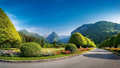 a tranquil road meanders through vibrant trees and well kept gardens inviting visitors to explore the breathtaking mountainous landscape that looms ahead