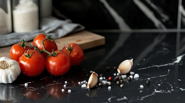 Fresh tomatoes, garlic, and seasonings on a dark kitchen countertop