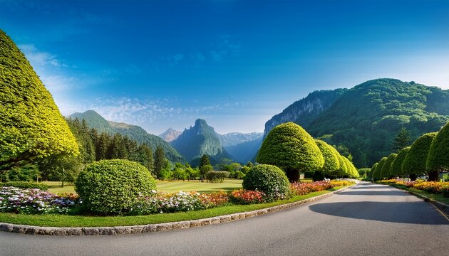 a tranquil road meanders through vibrant trees and well kept gardens inviting visitors to explore the breathtaking mountainous landscape that looms ahead