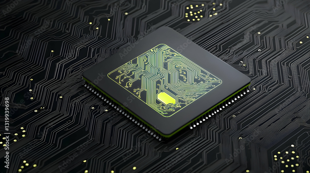Poster close-up of a green and black microchip on a circuit board with intricate detail and yellow accents 