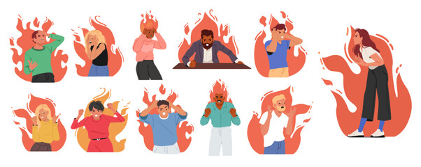 Angry furious people characters in flame feeling aggression, irritation, hate negative emotion set