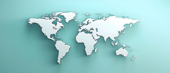 Fototapeta premium 3D Rendered White World Map On A Light Teal Background With Soft Shadows Simple Graphic Design
