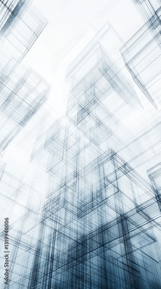 Poster Abstract architectural structures with transparent layers creating a sense of depth and movement against a light background