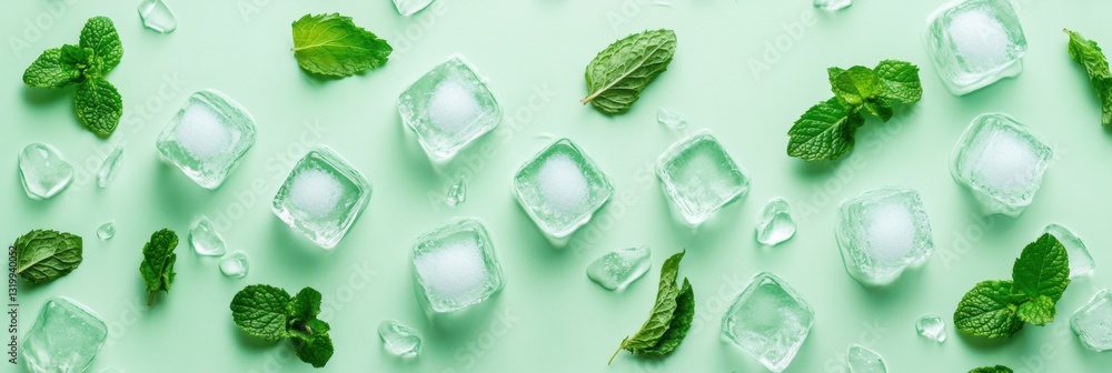 Poster ice cubes and mint leaves create a refreshing pattern on light green background for summer drinks an