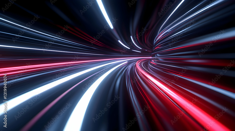 Poster a dynamic abstract image featuring vibrant streams of light in red and white colors, showcasing moti