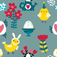 Easter chicken and eggs seamless birds pattern for wrapping paper and fabrics