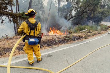 Firefighters battle a wildfire in Santa Cruz, California, USA. The crew works to contain the blaze...
