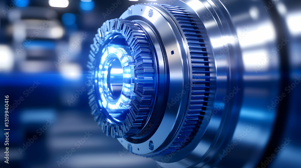 Poster close-up of an advanced mechanical component illuminated with blue light, showcasing its intricate d
