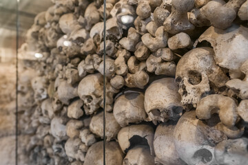 Skulls on display in the Ossuary in Kranj city, Slovenia.