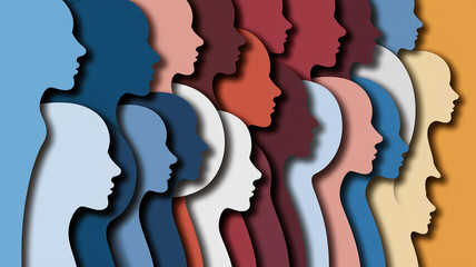 Abstract illustration of layered profile faces in diverse pastel hues, representing unity, diversity, and community, suitable for social themes or inclusivity concepts