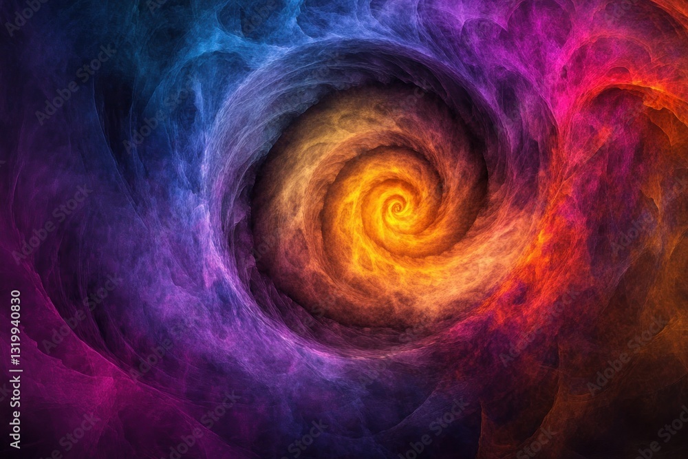 Poster vibrant swirling abstract pattern depicting a cosmic vortex of colors with a luminous core, ideal fo