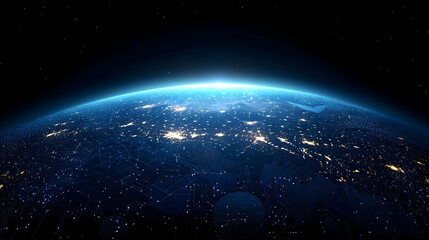 Fototapeta premium Abstract Blue Earth Planet Glowing With City Lights And Circuit Board Pattern In Dark Space Environment
