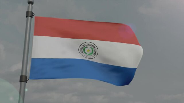 paraguay country flag waving with pole in cloudy background