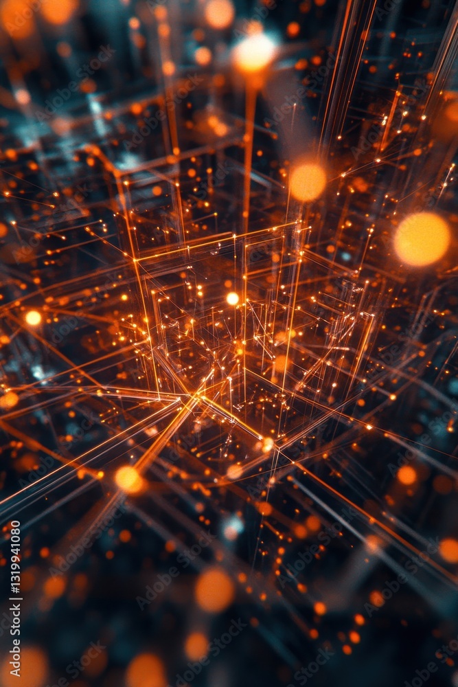 Poster abstract representation of interconnected data streams with glowing orange particles, illustrating d